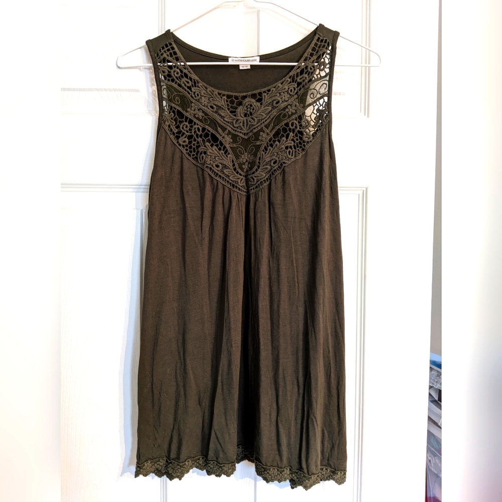 Olive Green Sleeveless Lace Tank - Cotton Blend